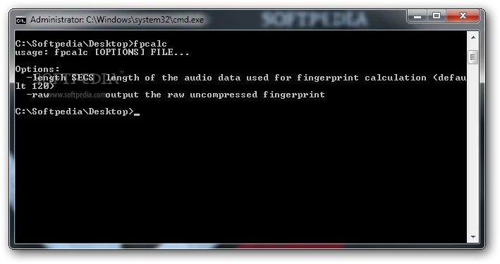 Historical fpcalc help output in Windows Command Prompt, showing length and raw options; Softpedia watermark retained.