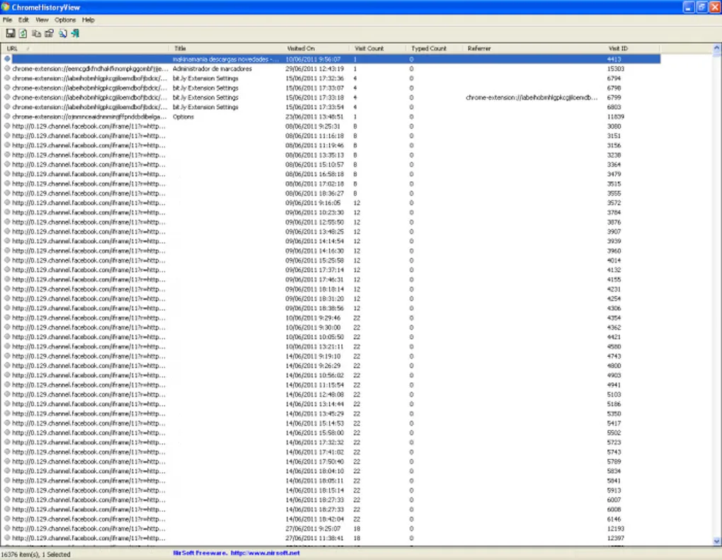 Older ChromeHistoryView Windows interface showing a history table with URLs, titles, visit times, counts and visit IDs.