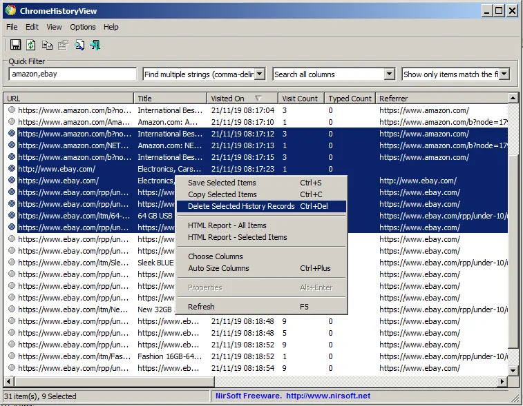 ChromeHistoryView on Windows with Amazon and eBay records filtered and Delete Selected History Records highlighted.
