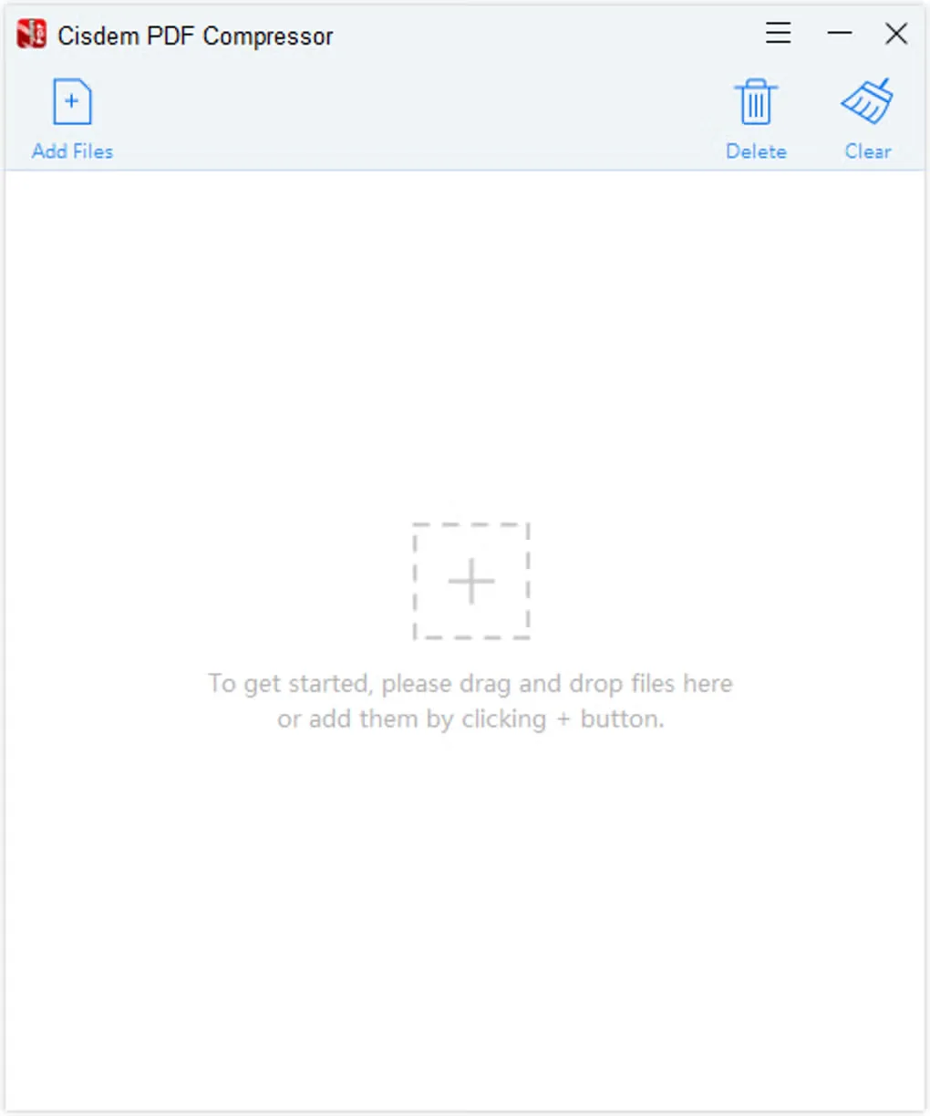 Cisdem PDF Compressor for Windows showing Add Files, Delete, Clear and the empty drag-and-drop area.