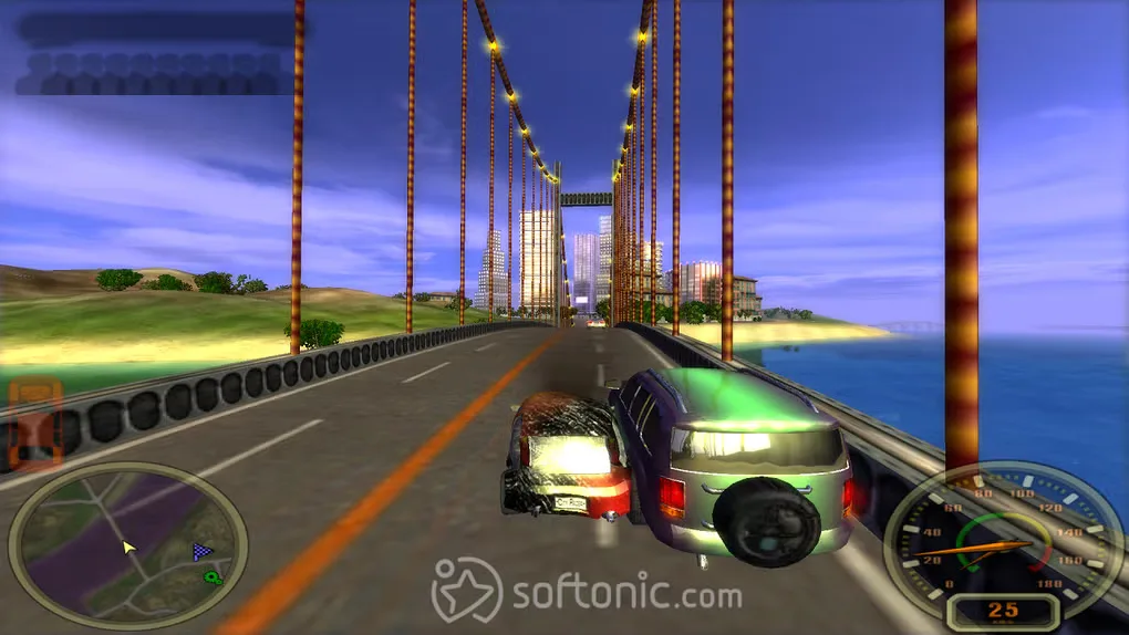 City Racing driving scene on a suspension bridge, with a car beside an SUV, a minimap and speedometer.