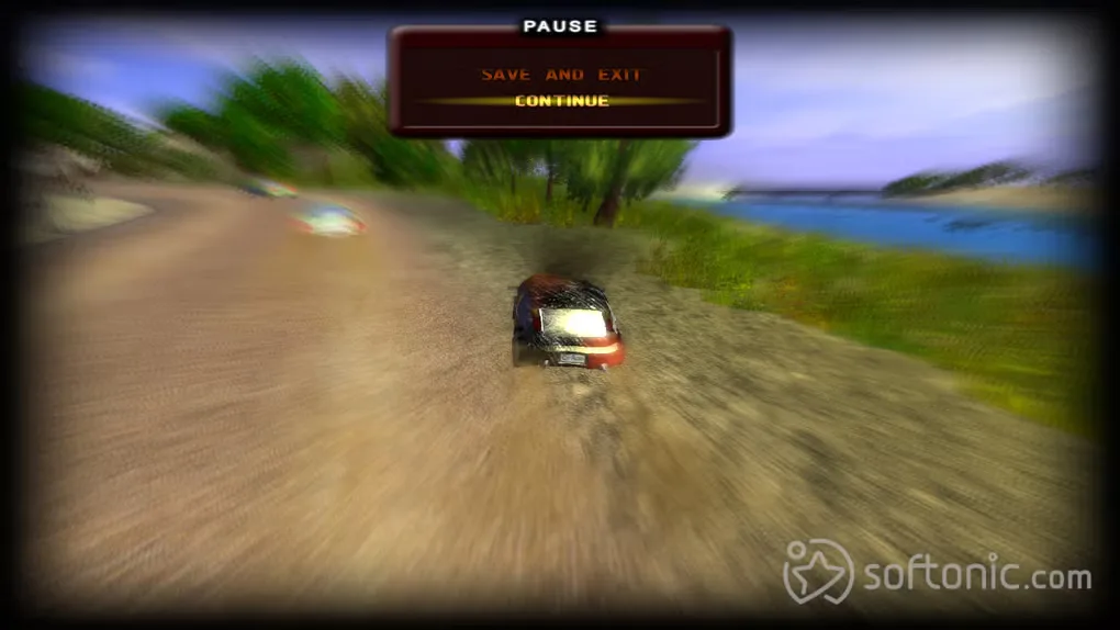 City Racing paused beside a waterfront road, showing the player's car and the Save and Exit and Continue menu.