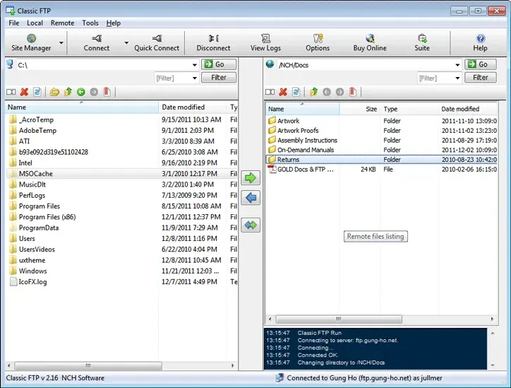 Older Classic FTP Windows interface with local folders on the left, remote files on the right, transfer arrows and a connection log.