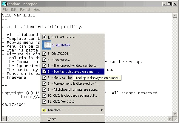 Historical CLCL 1.1.1 clipboard pop-up menu over Notepad, with copied entries, a bitmap item, Template submenu and tooltip