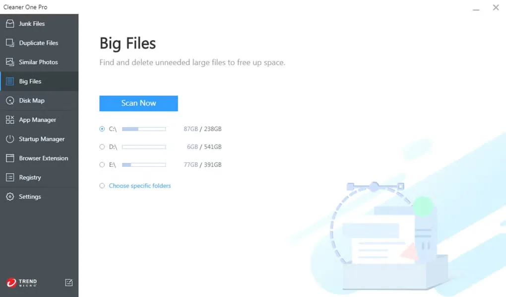 Cleaner One Pro for Windows showing Big Files scan controls, drive choices and the storage-tools sidebar