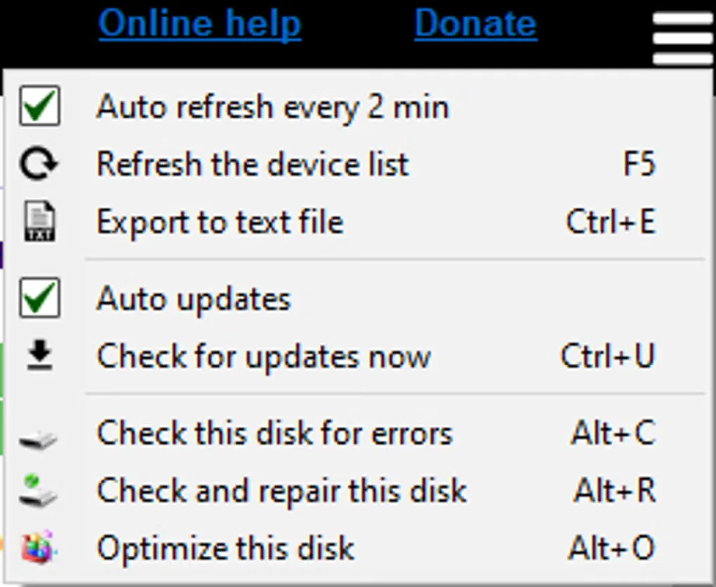 Clear Disk Info menu showing device refresh, text export, update and disk-checking commands.