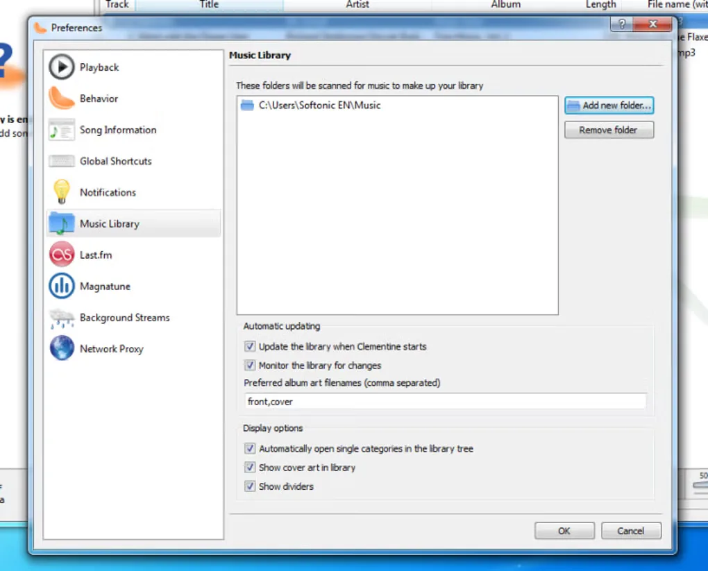 Historical Clementine Windows Music Library preferences showing monitored folders, automatic updating and library display options