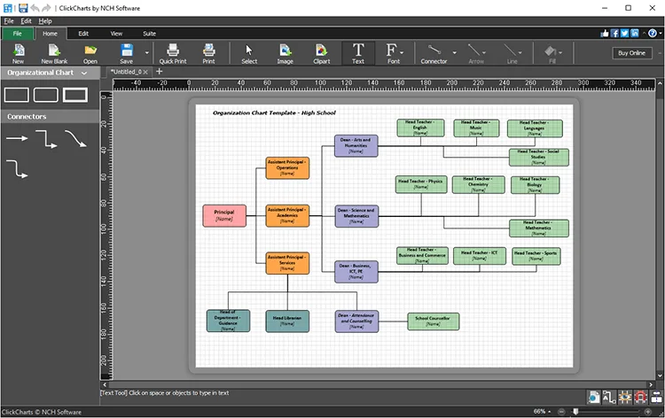 ClickCharts Windows editor displaying a school organization chart, ribbon tools and a connector sidebar