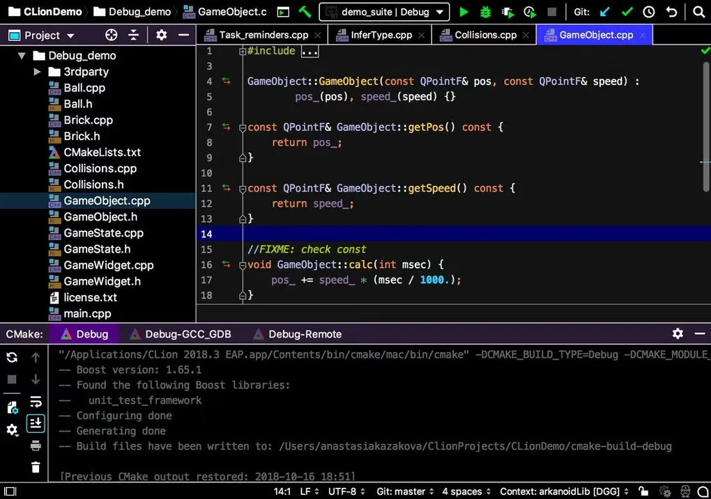 Historical CLion macOS interface showing the CLionDemo project, GameObject.cpp C++ editor and CMake output panel.