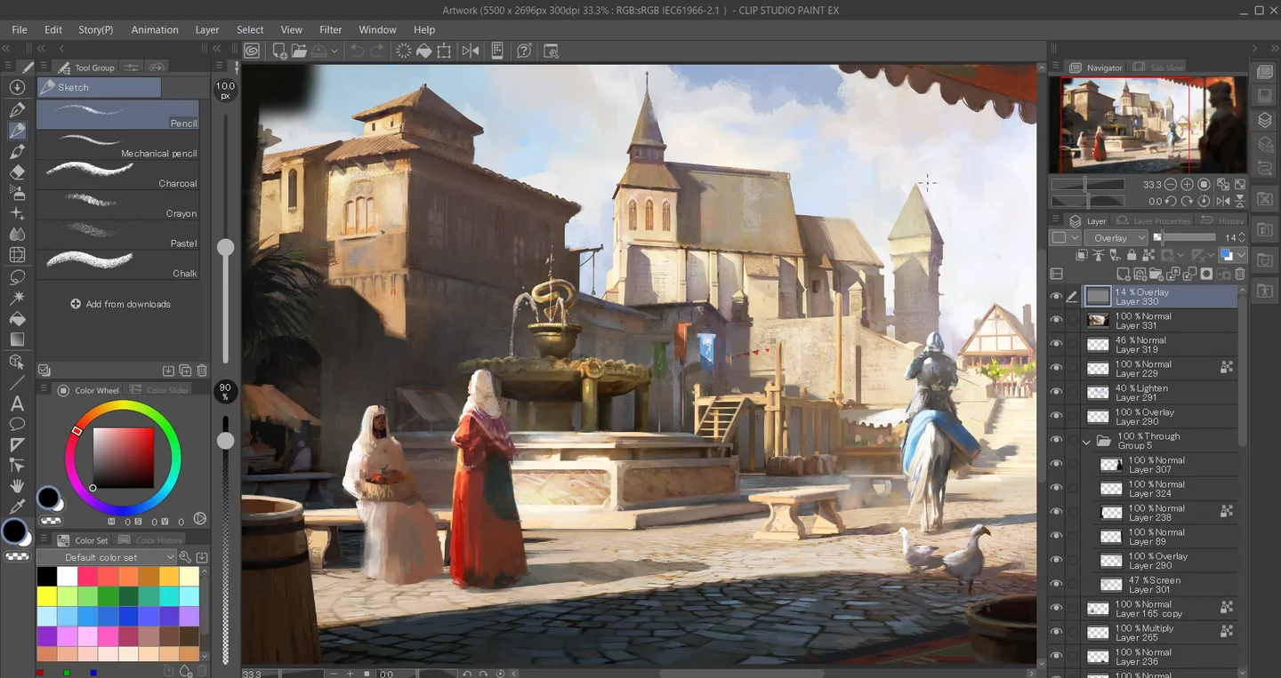 Clip Studio Paint EX desktop workspace with a town-square painting, brush tools, color wheel and layers — image provided by Celsys