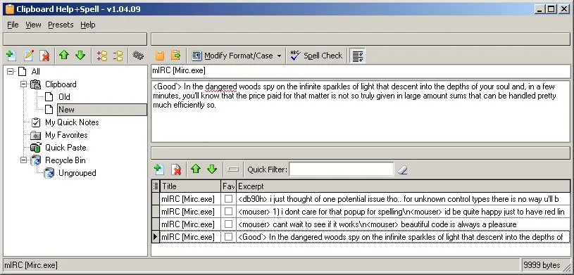 Historical Clipboard Help+Spell v1.04.09 main window with clip groups, text preview, quick filter and spell-check toolbar