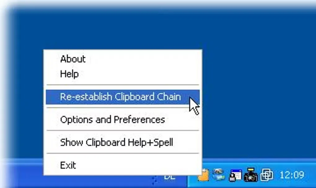 Historical Clipboard Help+Spell Windows tray menu with clipboard-chain, preferences and show-window commands
