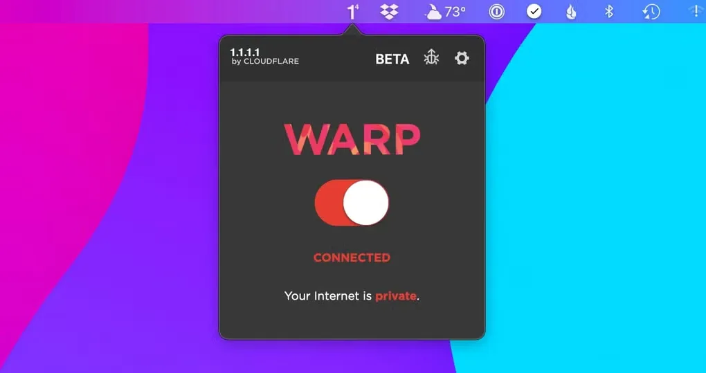 Earlier Cloudflare WARP beta menu-bar interface on macOS, showing the connection toggle and Connected status