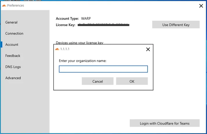 Historical Cloudflare WARP Windows Preferences Account tab with an organization-enrollment dialog