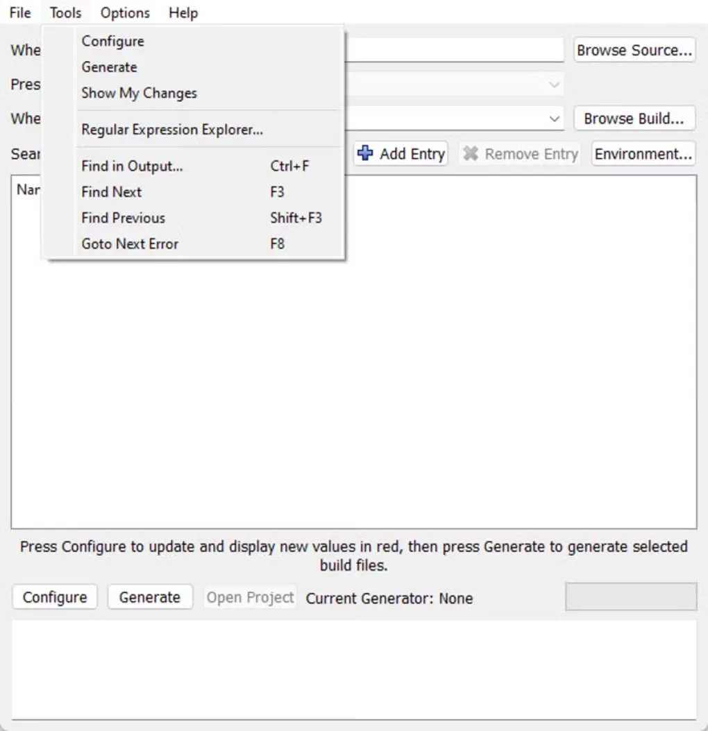 CMake GUI with the Tools menu open, source and build directory fields, and Configure and Generate buttons.