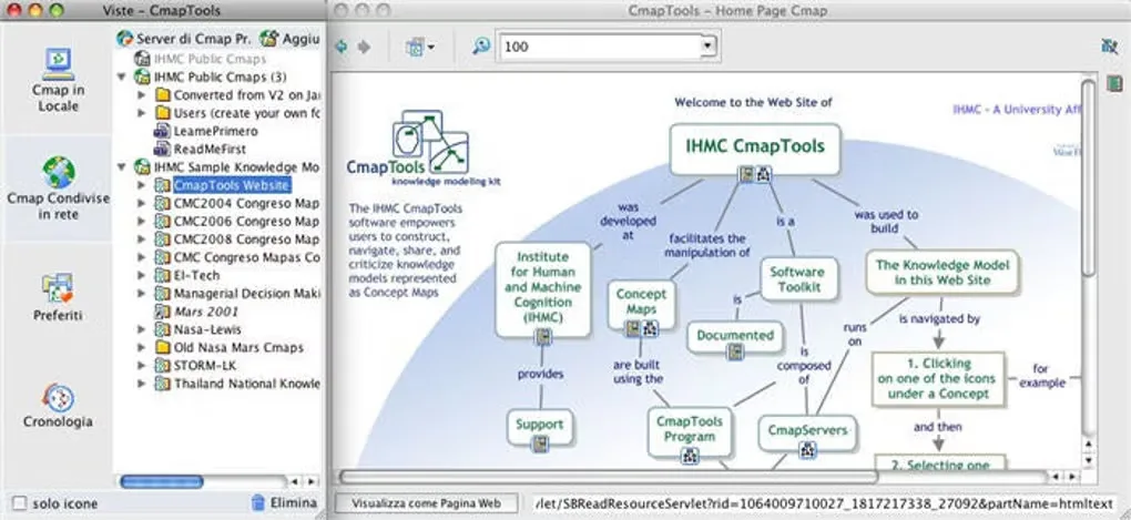 Historical CmapTools Mac interface with Italian Views navigation and a linked IHMC concept map