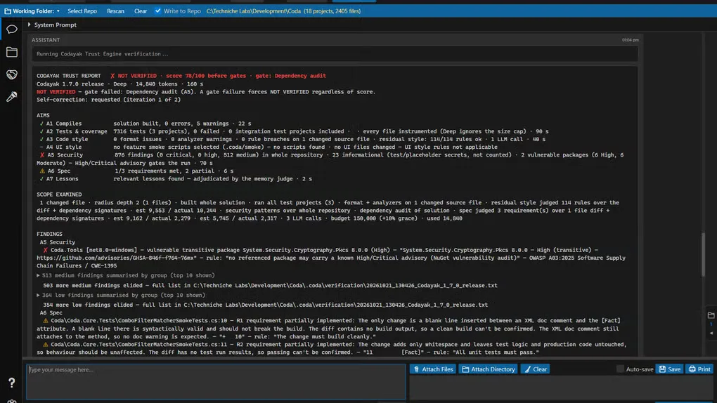 Codayak desktop workbench showing a Trust Engine report with a failed dependency audit, findings and the message composer.