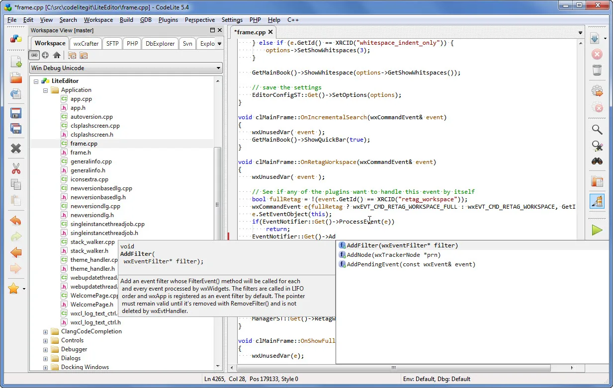 Historical CodeLite 5.4 on Windows showing a C++ project tree, source editor and code-completion popup