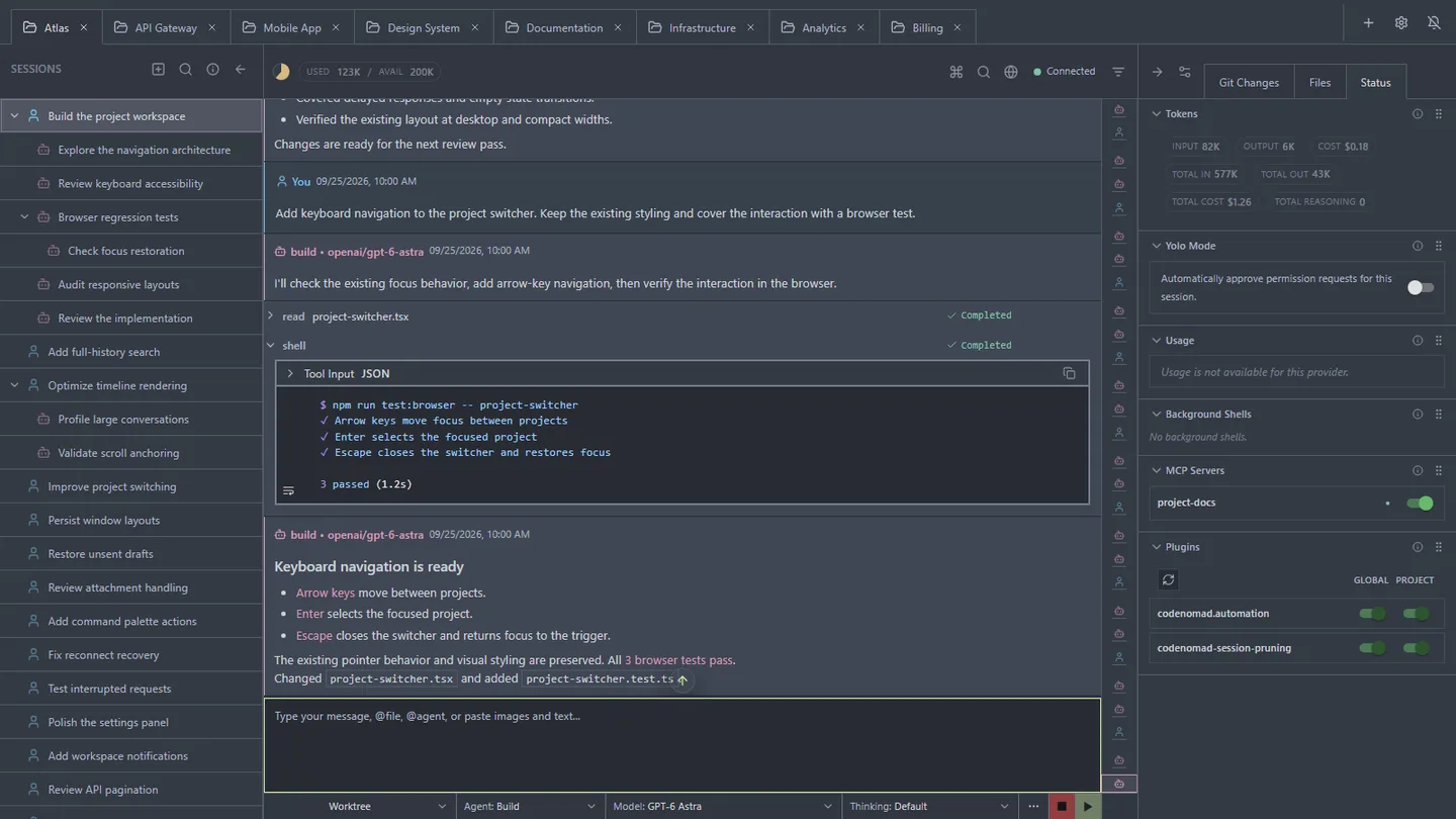 CodeNomad publisher demo with project tabs, nested sessions, coding conversation and a Status panel; version 0.20 interface.