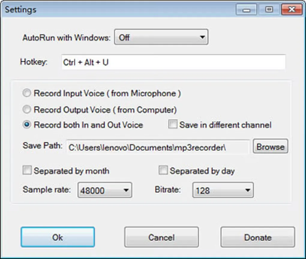 Cok Free MP3 Recorder settings showing microphone and computer recording modes, separate channels, save folder, sample rate and bitrate
