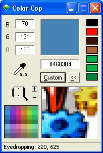 Historical Color Cop Windows window with RGB fields, a hex color value, eyedropper, palette and magnified pixels