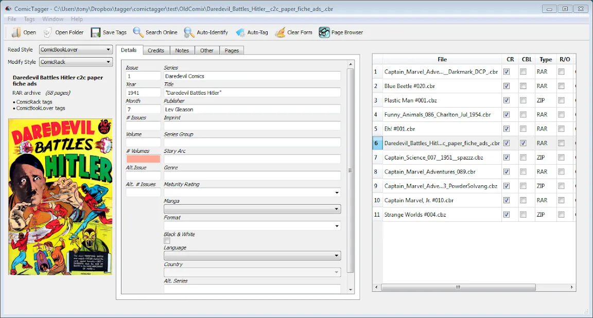 Historical ComicTagger 1.0 Windows interface with comic cover preview, editable issue metadata and an archive list.