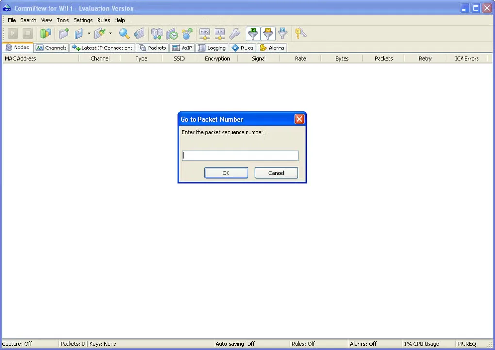 Historical CommView for WiFi evaluation window with monitoring tabs and a Go to Packet Number dialog