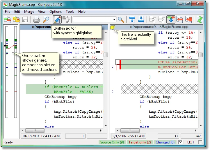 Compare It! 4.0 showing side-by-side source-code differences, an overview bar and publisher feature callouts