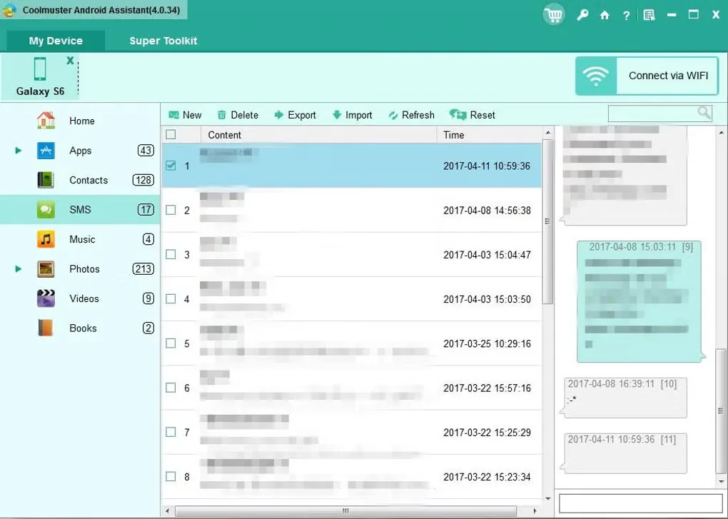 Older Coolmuster Android Assistant 4.0.34 Windows interface showing Galaxy S6 SMS, a message list and conversation preview