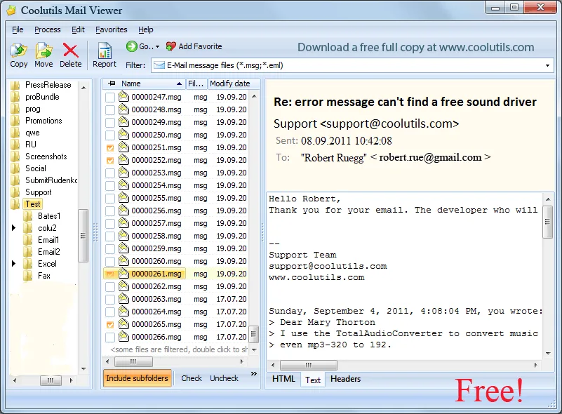 CoolUtils Mail Viewer on Windows with a folder tree, MSG message list and selected email preview