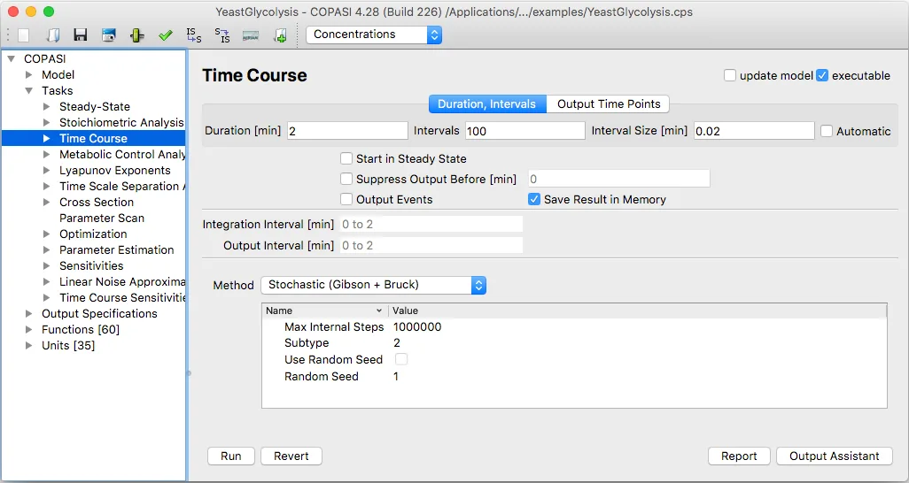 Official manual screenshot: COPASI 4.28 on macOS, with Time Course settings for a YeastGlycolysis model; not the current Windows UI.