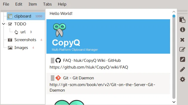CopyQ publisher desktop screenshot showing clipboard tabs, saved text and image entries, and the item toolbar; not a macOS-specific capture.