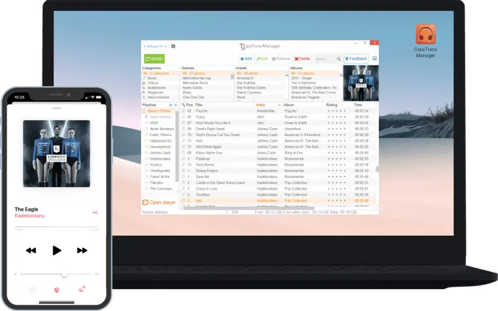 Publisher-supplied CopyTrans Manager interface shown on a laptop beside an iPhone music screen.