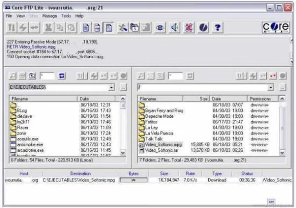 Historical Core FTP Lite Windows interface with local and remote file lists, a connection log and a transfer queue