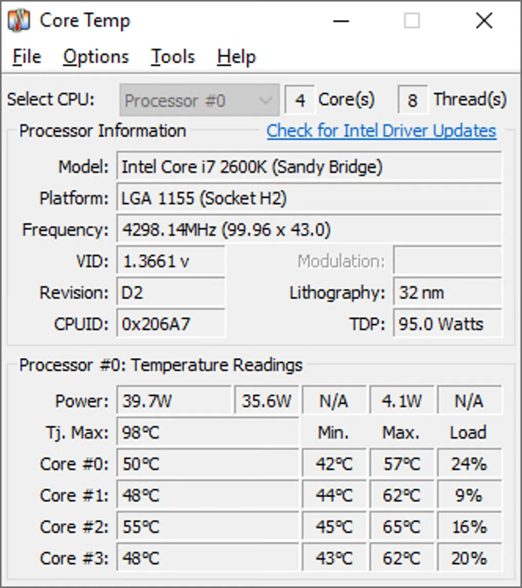 Core Temp Windows window showing Intel Core i7 2600K details and four core temperatures with minimum, maximum and load values