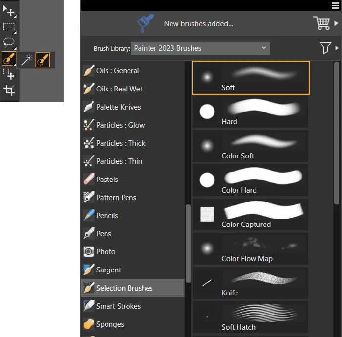 Corel Painter 2023 brush selector with Selection Brushes selected and soft, hard and color-selection brush previews