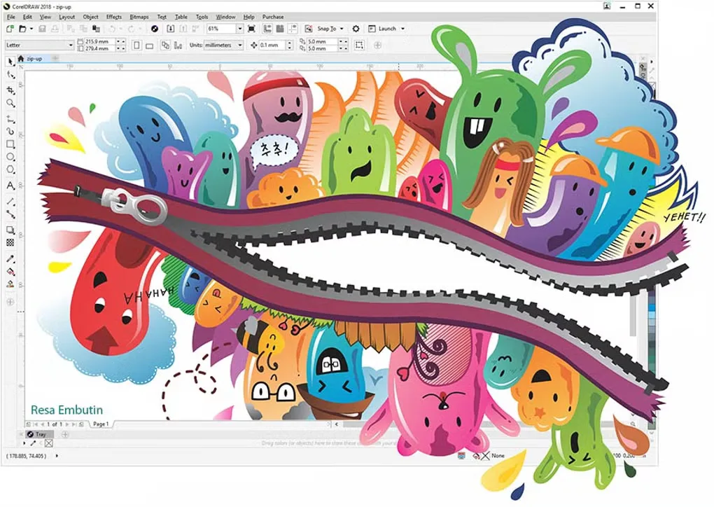 Earlier CorelDRAW 2018 Windows workspace displaying a colorful zipper illustration, with menus and drawing tools visible