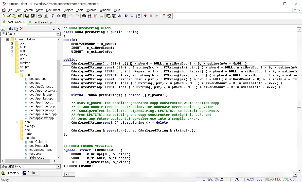 Crimson Editor editing C++ source with file tabs, a directory tree and syntax highlighting on Windows.