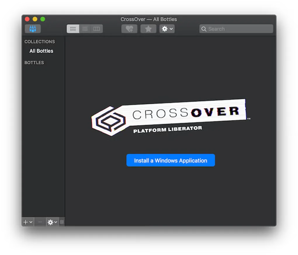 Historical CrossOver Mac All Bottles window with a sidebar, search toolbar and Install a Windows Application button