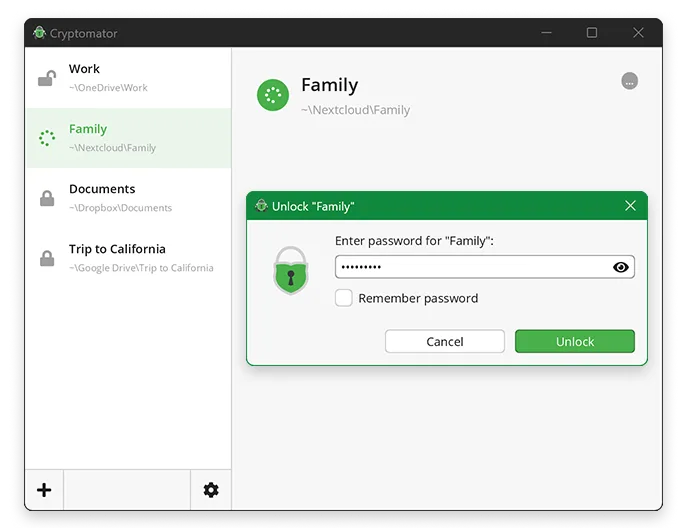 Cryptomator for Windows showing the Family vault password dialog beside a list of cloud-storage vaults.