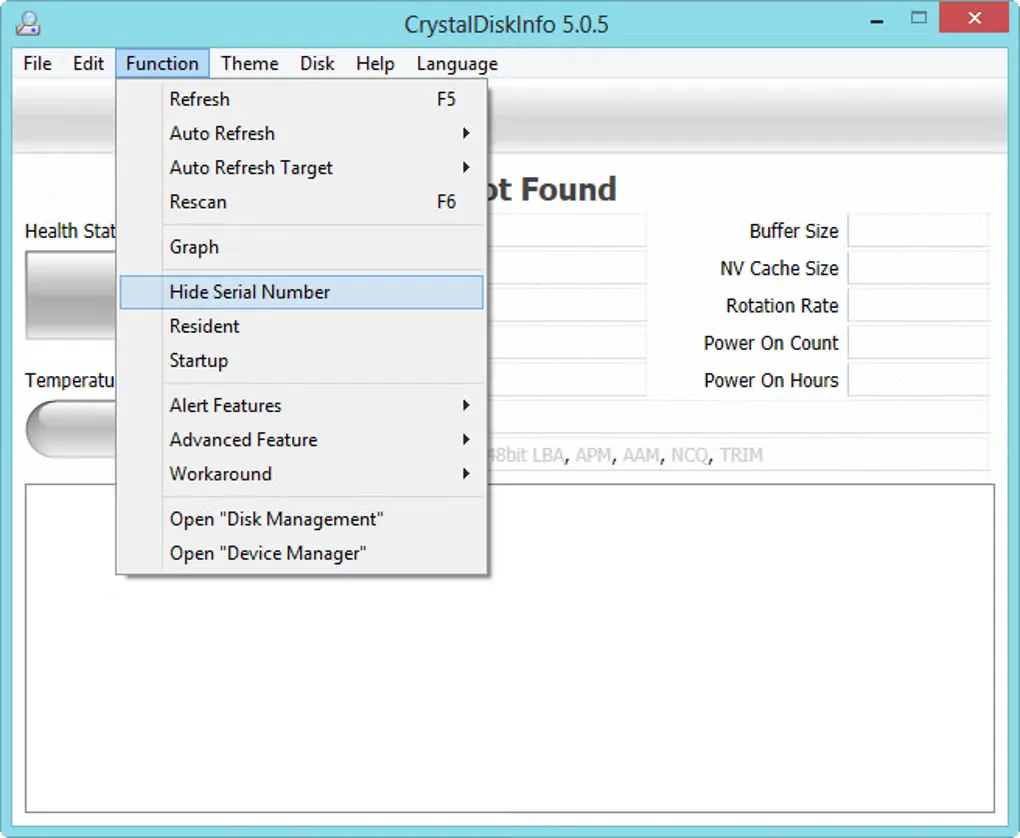 Historical CrystalDiskInfo 5.0.5 Windows Function menu with refresh, graph and resident-monitoring commands; no disk detected.