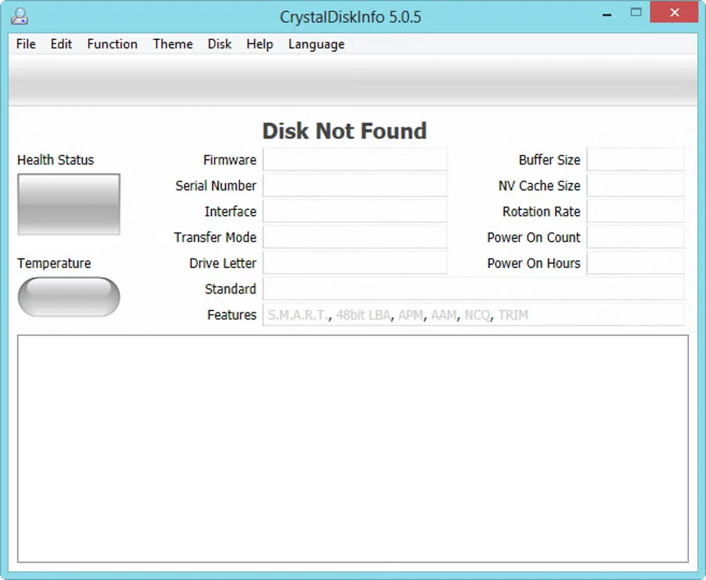 Historical CrystalDiskInfo 5.0.5 Windows interface showing Disk Not Found and empty drive-health fields.