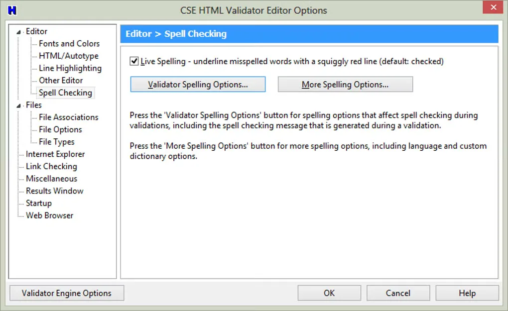 CSE HTML Validator Editor Options on Windows showing the Spell Checking settings and live spelling checkbox