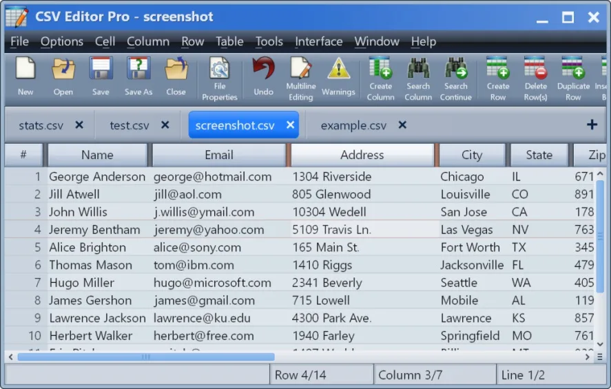 CSV Editor Pro on Windows showing tabbed CSV files, an editing toolbar and a table of sample contact records
