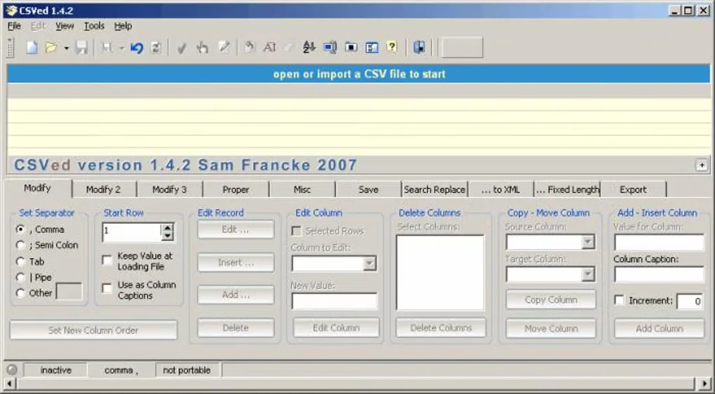 Historical CSVed 1.4.2 Windows interface with an empty CSV table, separator choices and record and column editing controls.