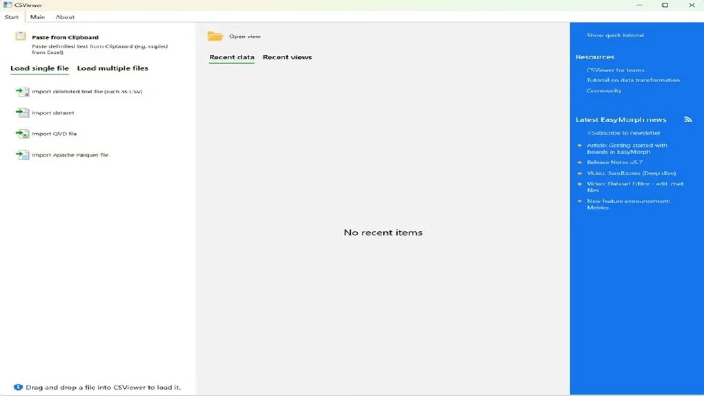 CSViewer start screen with delimited-text, dataset, QVD and Parquet import options and an empty recent-items panel