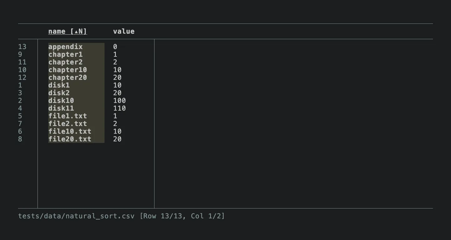 Publisher csvlens natural-sort demo: terminal CSV table with name and value columns and the name column selected