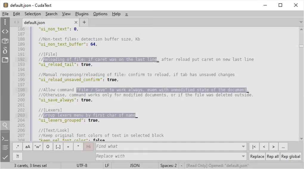 CudaText on Windows editing default.json with multiple selections and the find-and-replace panel open