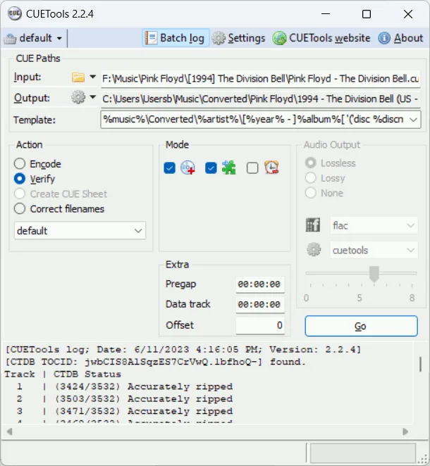 CUETools 2.2.4 Windows interface showing CUE paths, encode and verify controls, audio output settings and a verification log