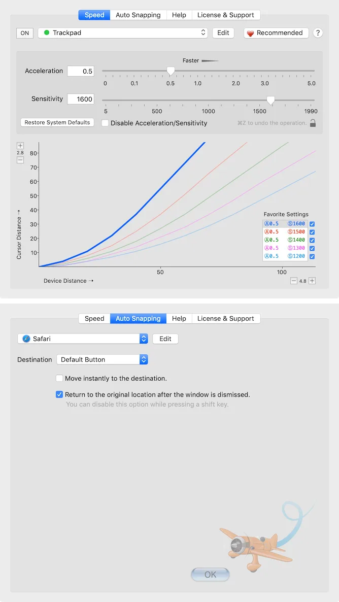 Publisher screenshot showing CursorSense Speed controls, acceleration curves and Auto Snapping settings on Mac.